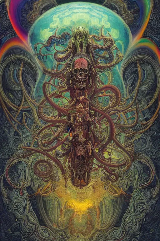 Image similar to gigantic psychedelic demonic cosmic skull, alien tentacles, fantasy painting, mandala, ultra realistic, wide angle, art nouveau, intricate details, ink illustration, rainbowshift, vivid colors, highly detailed by peter mohrbacher, h. r. giger, maxfield parrish, gustave dore, craig mullins, octane render, cgi