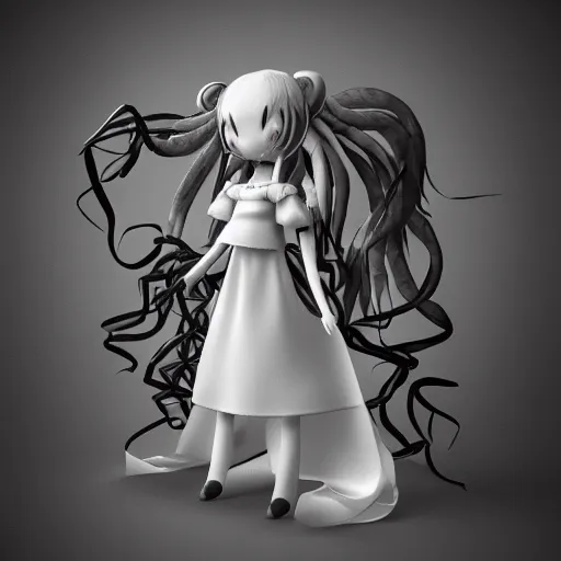 Image similar to cute fumo plush of a nightmare girl with hundreds of shadowy tendrils, vray render, black and white