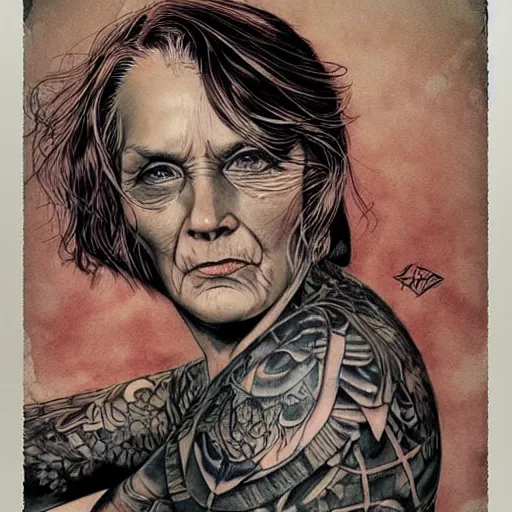 Image similar to a beautiful portrait of a heavily tattooed older woman Travis Charest style