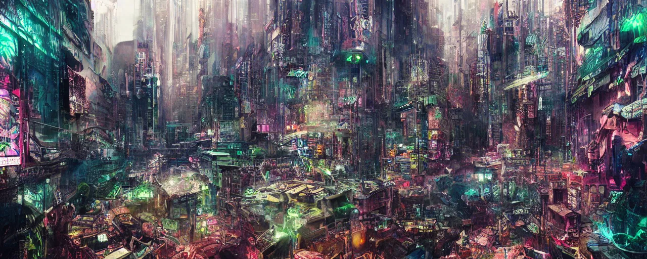 Prompt: dichroic ultra realistic illustration of beautiful ruination futuristic cyberpunk flooded kowloon, epic composition, accidental baroque golden ratio, by bill sienkiewicz. graffiti art, scifi, fantasy, hyper detailed. concept sketch. concept art. trending on artstation
