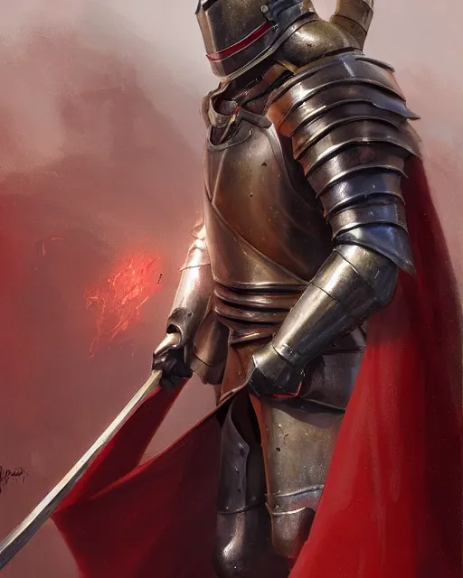 Image similar to A medieval knight wearing bronze armor and a red cloak, by Stanley Artgerm Lau, WLOP, Rossdraws, James Jean, Andrei Riabovitchev, Marc Simonetti, and Sakimichan, tranding on artstation