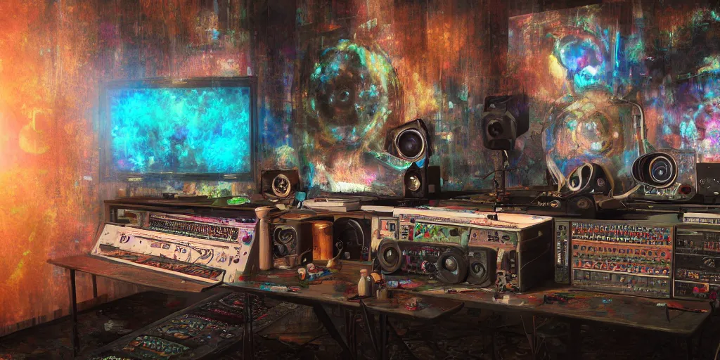 Image similar to A realistic painting of a vintage reel to reel computer, with psychedelic mushroom art on the screen, in a post apocalyptic recording studio, daytime, unreal 5, DAZ, hyperrealistic, octane render, RPG portrait, dynamic lighting,