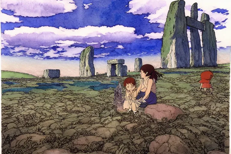 Image similar to a hyperrealist studio ghibli watercolor fantasy concept art. in the foreground is a giant hand coming down from the sky holding a stone. in the background is stonehenge. the scene is underwater on the sea floor. by rebecca guay, michael kaluta, charles vess