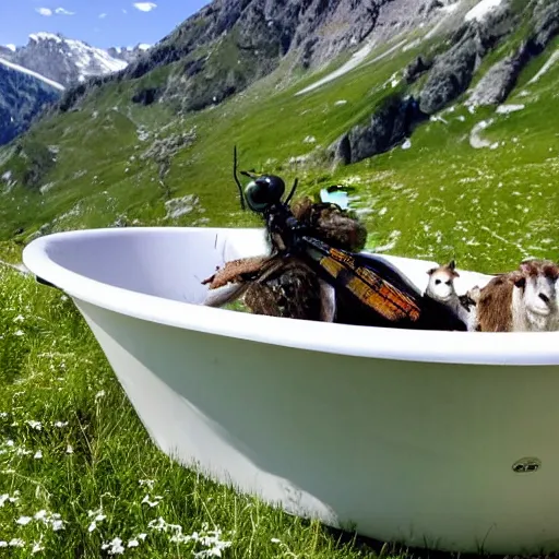 Prompt: dragonfly in a bathtub in the alps, goats!!!!!! sheeps!!! in background