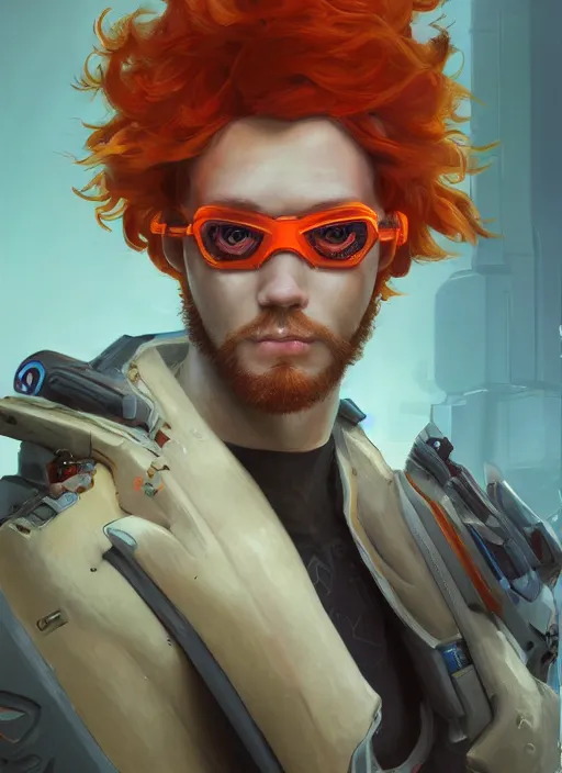 Image similar to cyberpunk portrait of curly orange hair man from overwatch 2, au naturel, hyper detailed, digital art, trending in artstation, cinematic lighting, studio quality, smooth render, unreal engine 5 rendered, octane rendered, art style by klimt and nixeu and ian sprigger and wlop and krenz cushart.