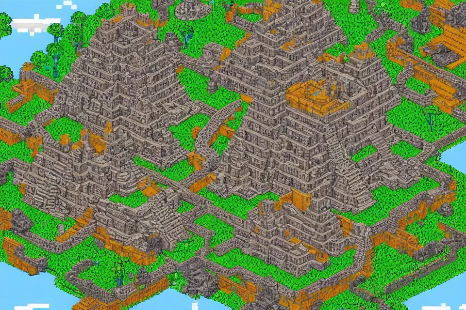 Image similar to a pixel art GBA style map of Tikal, Temple IV, Lost World Pyramids, Final Fantasy Tactics Advance, Mayan Pyramids
