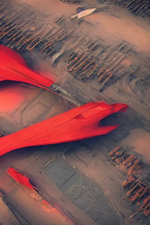 Image similar to professional photograph of a beautiful neo - futuristic simplified symmetrical spacecraft on a desert spaceport by ilm, denis villeneuve, emmanuel shiu, zaha hadid, vapor, cinematic architectural scale, red paint detail, manga, dramatic, volumetric, concept art, hard surface, hyperrealism, high detail, trending on artstation, sharp focus, rendered in octane