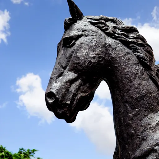 Image similar to horse head statue , background from blue to red