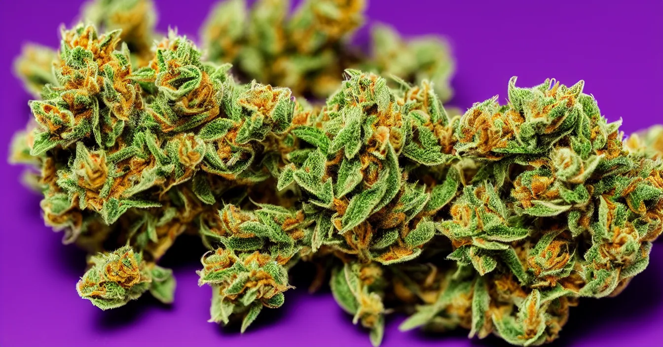 Image similar to marijuana on an incandescent purple plate, bokeh, close up, super macro, 8 k