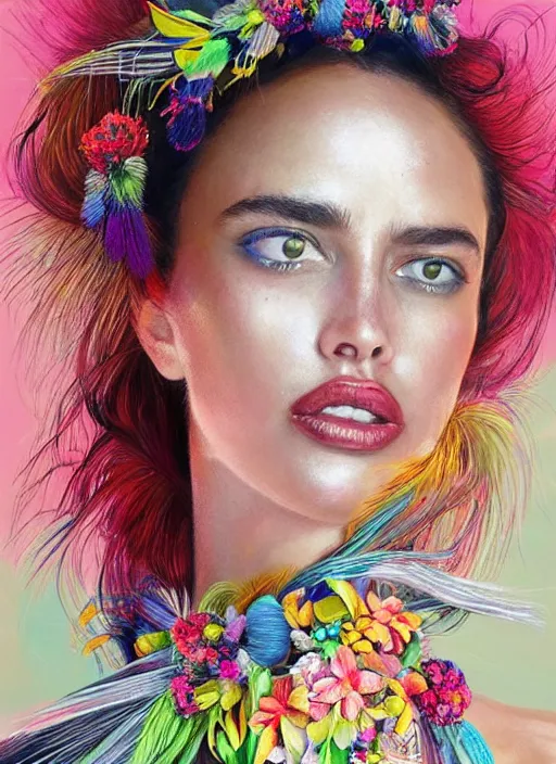 Image similar to beautiful portrait of Irina Shayk wearing fantastic Hand-dyed cotton dress,embellished beaded feather decorative fringe knots ,colorful pigtail,subtropical flowers and plants,intricate,elegant,highly detailed,8k,post-processing,digital painting,trending on pinterest,VOGUE,concept art, sharp focus, illustration, by artgerm,Tom Bagshaw,Lawrence Alma-Tadema,greg rutkowski,alphonse Mucha