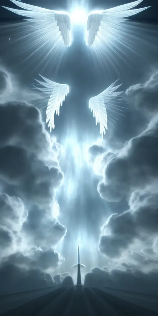 Image similar to a way to go to heaven. very beautiful and peaceful celestial way in the sky to go to the gate of heaven. we can see detailed angels fly across this way. white ominous. volumetric light, intricate, very beautiful fantasy art, digital illustration. unreal engine 5 rendering.