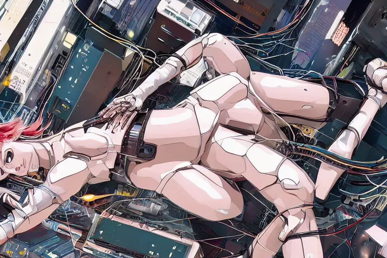 Prompt: a finely composed cyberpunk illustration of a group of white female androids' in style of hajime sorayama, lying on an abstract, empty, white floor with their body parts scattered around and cables and wires coming out, by katsuhiro otomo and masamune shirow, hyper-detailed, colorful, view from above, wide angle, close up, spacious