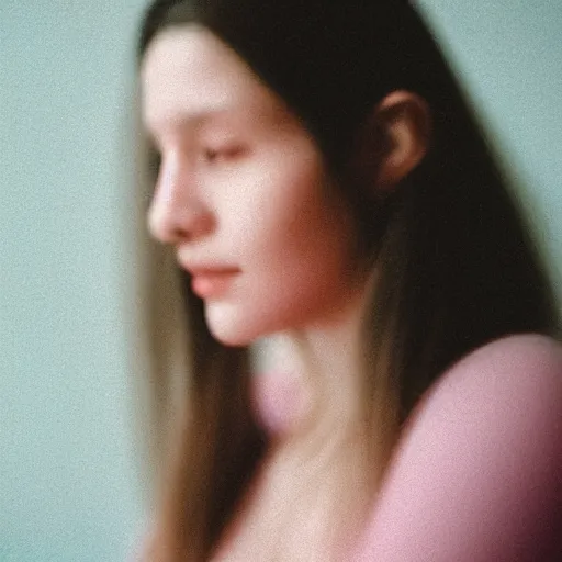 Image similar to a close - up of a woman's face, captured in low light with a soft focus. there is a gentle pink hue to the image, and the woman's features are lightly blurred. cinestill 8 0 0 t.
