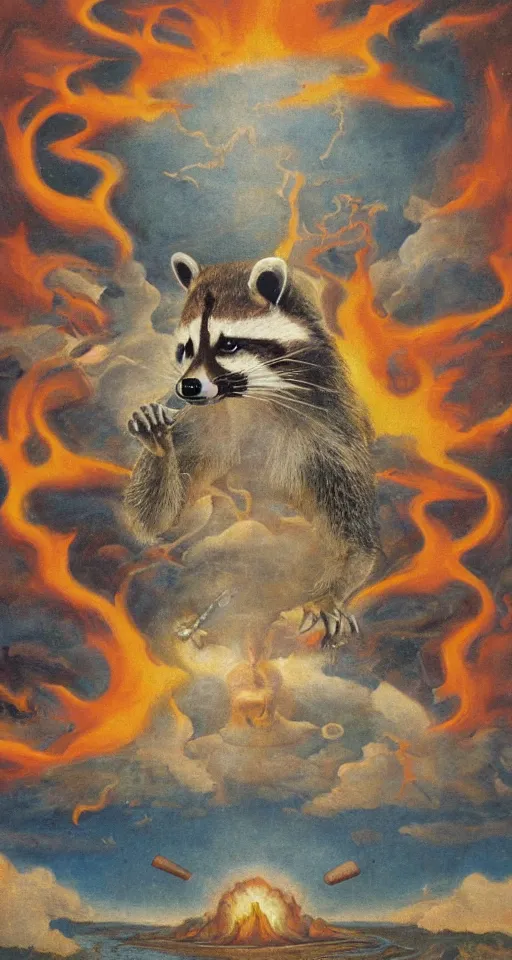 Prompt: surrealistic fresco of a god raccoon on a cloud, hovering over a lake of fire, apocalyptic scenario
