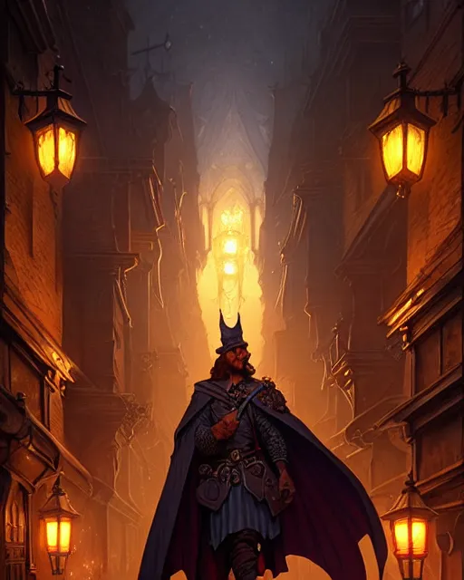 Image similar to the hero of ages walks upon the streets of waterdeep, dnd fantasy art, intricate, elegant, glowing lights, highly detailed, digital painting, artstation, sharp focus, illustration, art by wlop, mars ravelo and greg rutkowski, art by brom, artgerm and alphonse mucha, 8 k, highly detailed