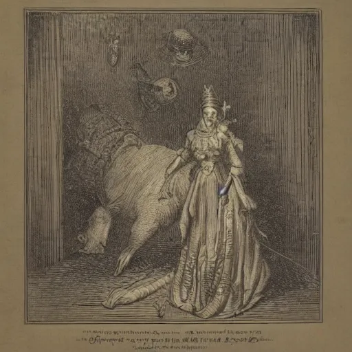 Image similar to a detailed woodcut of a pig in a gold crown by Gustave Doré