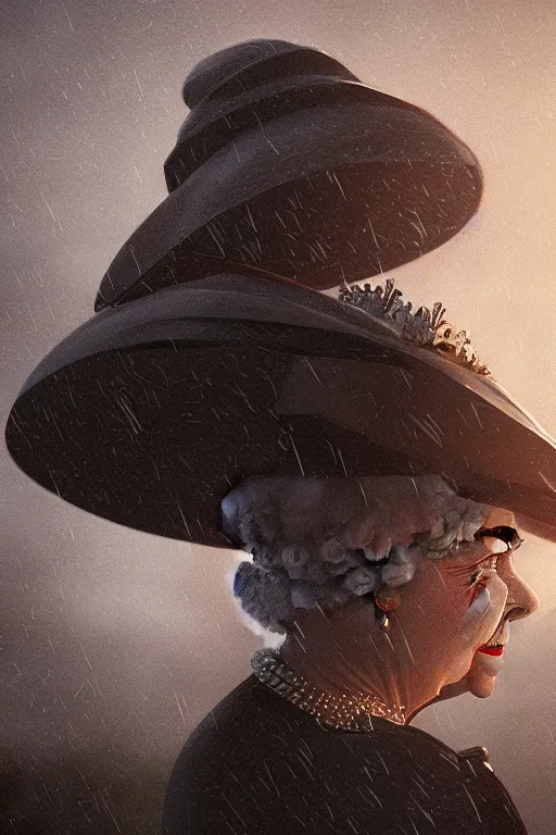 Prompt: Queen Elizabeth getting caught in the rain. Pixar animation, sharp, Rendered in Redshift and Unreal Engine 5 by Greg Rutkowski, Bloom, dramatic moody high contrast lighting, dusk