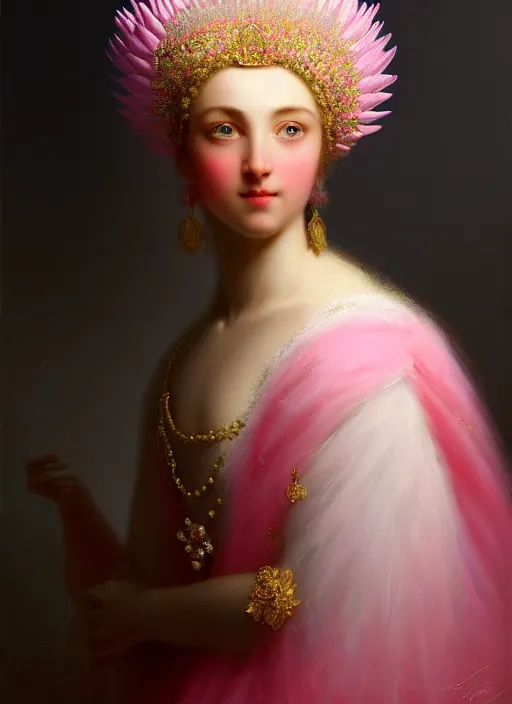 Image similar to stunning swedish godess princess, detailed pink and white protea head peace against a black backdrop by ivan aivazovsky, wlop, super sharp details, photorealism, 5 0 mm lens, oil painting, beautiful soft lighting, muted colours, artstation