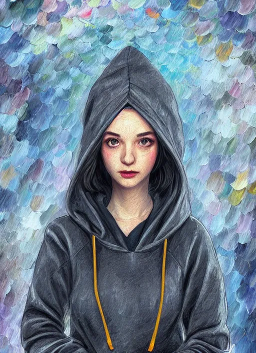 Image similar to alice wonderland, gray hoodie, jeans, tiara, half body shot, path traced, highly detailed, high quality, digital painting, alena aenami, leonid afremov, lilia alvarado, shinji aramaki, karol bak, alphonse mucha, tom bagshaw