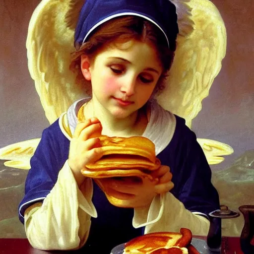 Image similar to an oil painting of an angel inside McDonald's eating pancakes, by Bouguereau, highly realistic and intricate