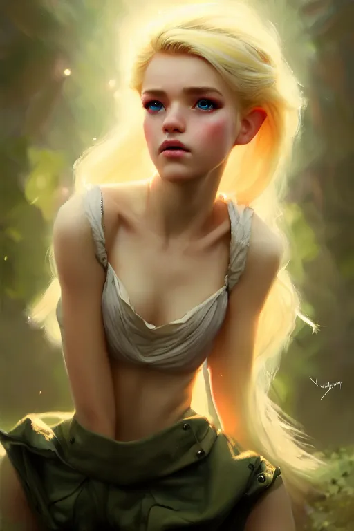 Image similar to cinematic shot of an epic portrait of a cute blonde fairy dressed in military clothes, stylised military clothes, shiny skin, beautiful eyes, beautiful, small details, night setting, realistic poster with volumetric light from craig mallism, artgerm, jeremy lipkin and michael garmash, unreal engine, radiant light, digital art, trends at art station, a masterpiece