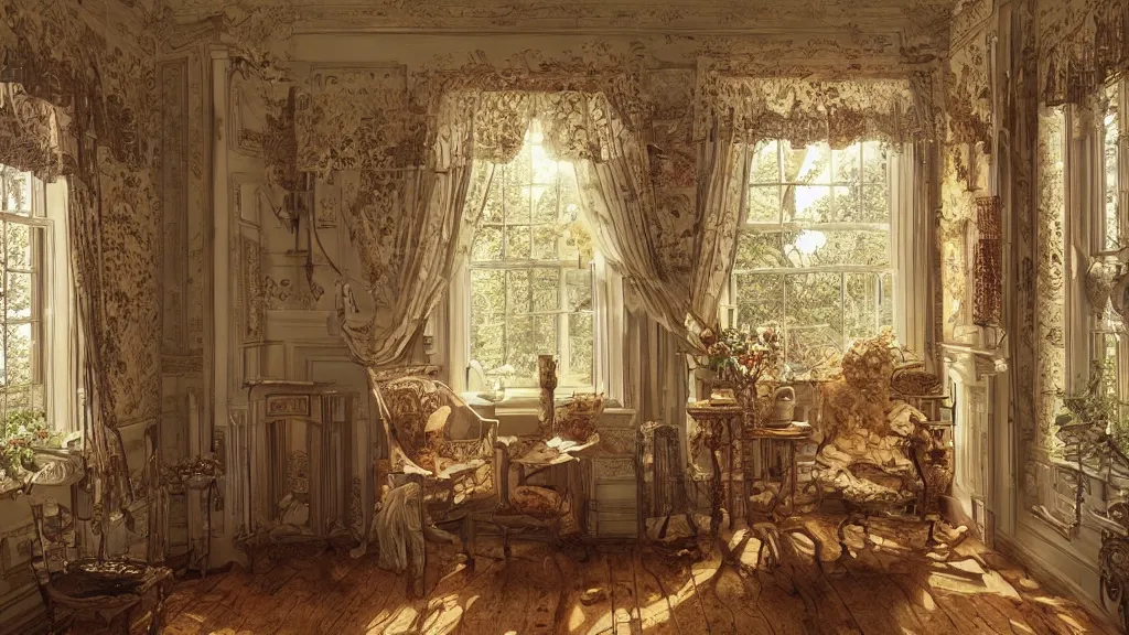 Image similar to richly decorated Victorian house, beautiful, detailed wood, photorealistic, photorealism, the autumn light comes in through a window, diffuse light, cybernetics