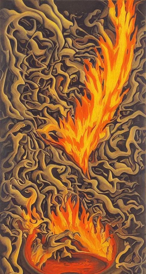 Prompt: escher oil painting of a fire cacomixtle, apocalyptic
