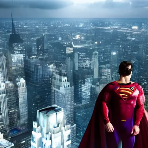 Image similar to Incredible cinematic realistic image of Henry Cavill dressing up the cape as Superman at top of empire state, trending on artstation, matte painting, hyper realistic, unreal engine render