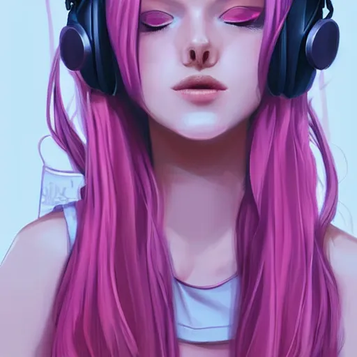 Prompt: very very very beautiful pink gamer girl wearing headphones standing in a pink girls room, full body portrait, eye contact, smiling, perfect face, perfect body, extreme long shot, drawn by charlie bowater