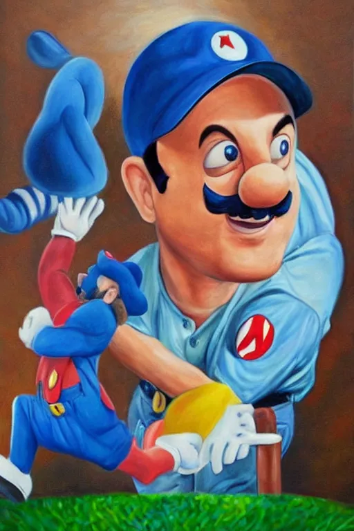 Prompt: beautiful, realistic painting of tommy lasorda dressed like super mario