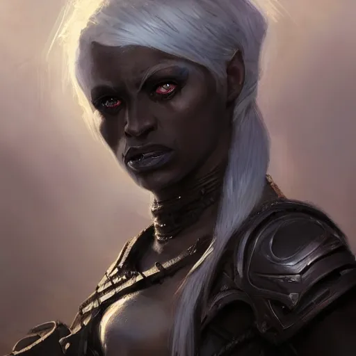 Prompt: closeup portrait of a drow warrior, dungeons and dragons character, dramatic lighting, castle background, gorgeous view, realistic, high detail, digital art, painted by greg rutkowski, painted by jeremy mann, trending on artstation