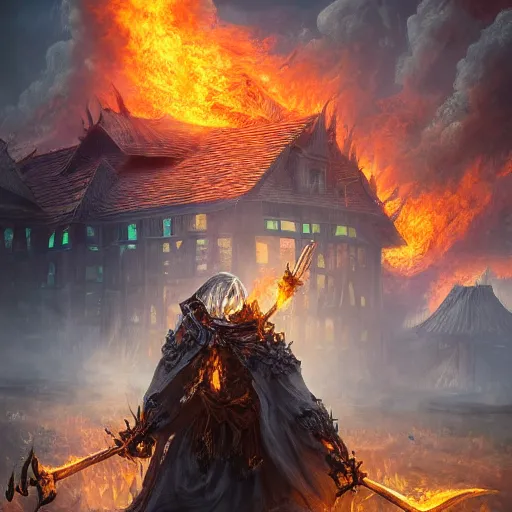 Image similar to a highly detailed cloaked skeleton demon holding a spear watching a house on fire, firestorm, burning village, highly detailed digital art, cinematic, hyper realism, oil on canvas, trending on Artstation, octane render