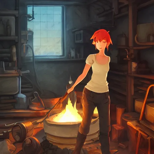 Image similar to “a full body portrait of the short and fiery blacksmith Moira at her forge, blacksmith's outfit, inside building, makoto shinkai, james gilleard, very detailed, matte, gaussian blur, tone mapped, Akihiko Yoshida”