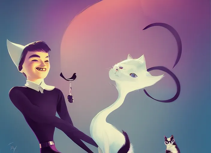 Image similar to a tomboy girl being happy with her cat. style by petros afshar, christopher balaskas, goro fujita, and rolf armstrong.