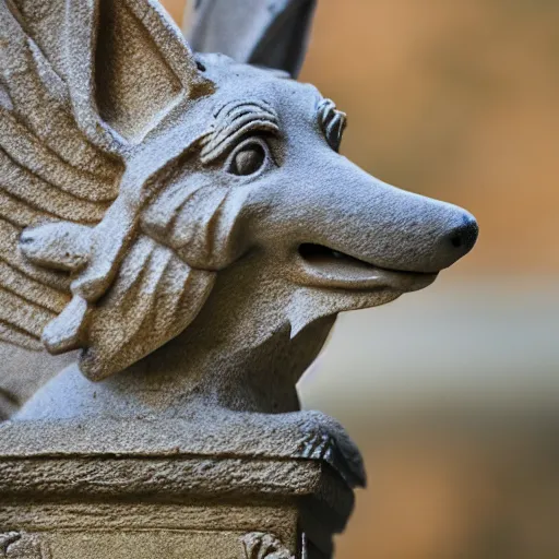 Image similar to corgi gargoyle with wings made of stone, uncropped, photography