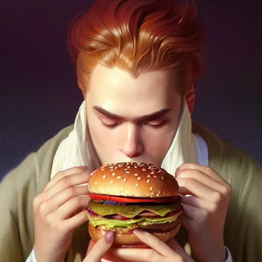 Prompt: portrait of Moses eating big mac hamburgers, extra onions and ketchup, luscious patty with sesame seeds, ethereal, handsome, D&D, fantasy, intricate, elegant, highly detailed, digital painting, artstation, concept art, matte, sharp focus, illustration, art by Artgerm and Greg Rutkowski and Alphonse Mucha