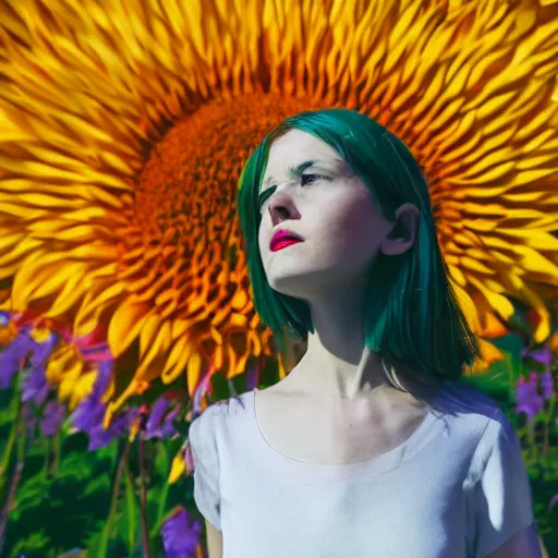 Image similar to giant flower head, full body, girl standing in hotel, surreal, symmetry, mid century, bright colours, blue sky, realistic, wes anderson