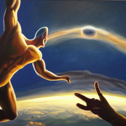 Image similar to masterful oil painting, of god arm wrestling a grey alien in the sky, background of the earth below them