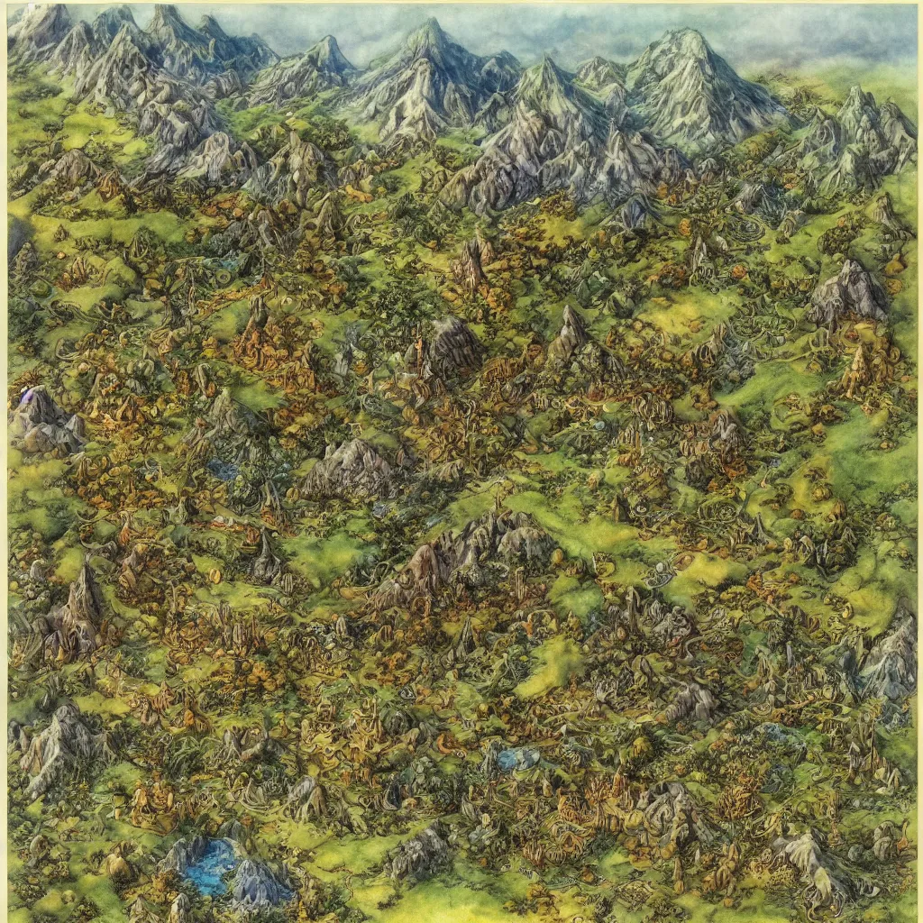 Prompt: an isometric fantasy forest, the land of Odrua, uncluttered, bordered by ocean, continent with mountains lakes hills and cities, by brian froud by jrr tolkien