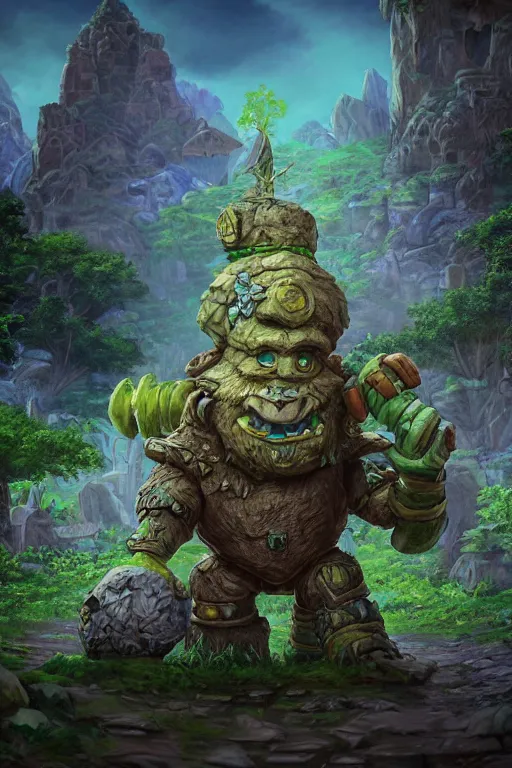 Image similar to zelda fantasy art giant golem troll wood rock greeble gemstone, global illumination ray tracing hdr fanart arstation by sung choi and eric pfeiffer and gabriel garza and casper konefal