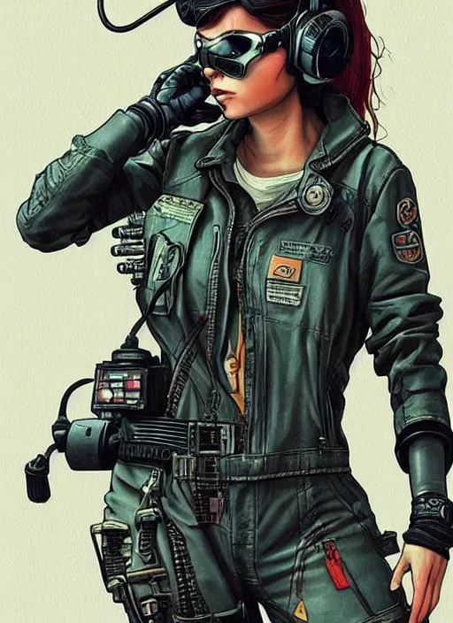 Image similar to Feminist Maria. Gorgeous female cyberpunk mechanic wearing a cyberpunk headset, military vest, and pilot jumpsuit. gorgeous face. Realistic Proportions. Concept art by James Gurney and Laurie Greasley. Moody Industrial skyline. ArtstationHQ. Creative character design for cyberpunk 2077.