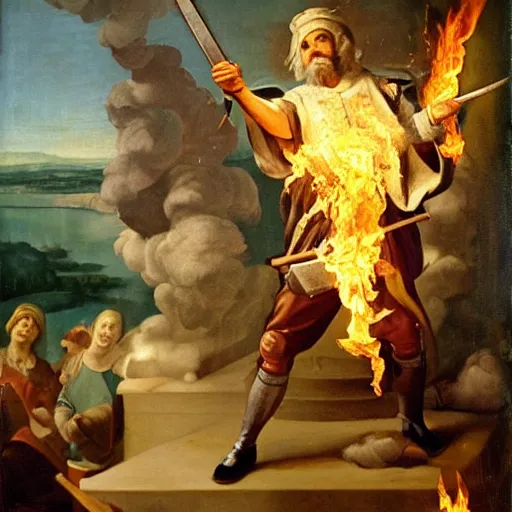 Prompt: former Federal Reserve chairman Ben Bernanke wielding a flaming sword, Renaissance painting