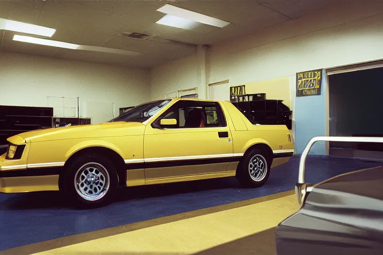 Image similar to 1985 Fox Body Mustang inside of an auto dealership, ektachrome photograph, volumetric lighting, f8 aperture, cinematic Eastman 5384 film