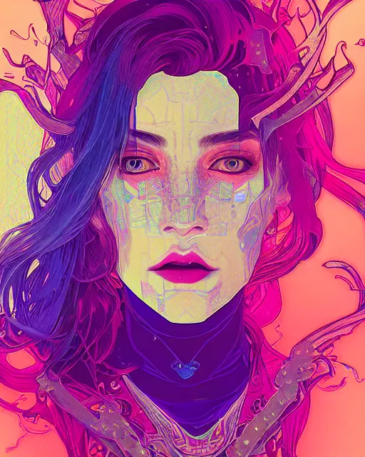 Prompt: glitch art close up portrait vampire, glitches, vaporwave, highly detailed, very intricate, art nouveau pixelated, neon glitch, chromatic aberration, harsh lighting, award - winning, concept art illustration by mandy jurgens and alphonse mucha and alena aenami, glitch color palette, featured on artstation