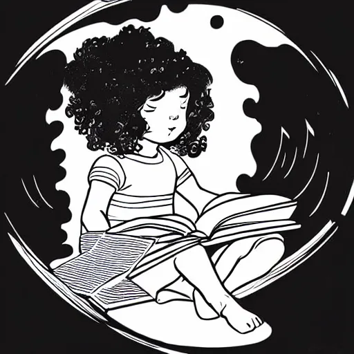 Image similar to clean simple line art of a little girl with wavy curly hair reading a book. white background. well composed, clean black and white line drawing, beautiful detailed face. illustration by josan gonzalez and steve ditko and greg rutkowski