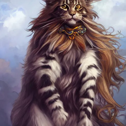 Prompt: maine coon, anthropomorphic large maine coon, dnd bipedal character, musketeer outfit, aware. furry. dnd character concept, dnd digital painting, dnd artstation, dnd concept art, smooth, super sharp focus, illustration, art by artgerm and h r giger and alphonse mucha