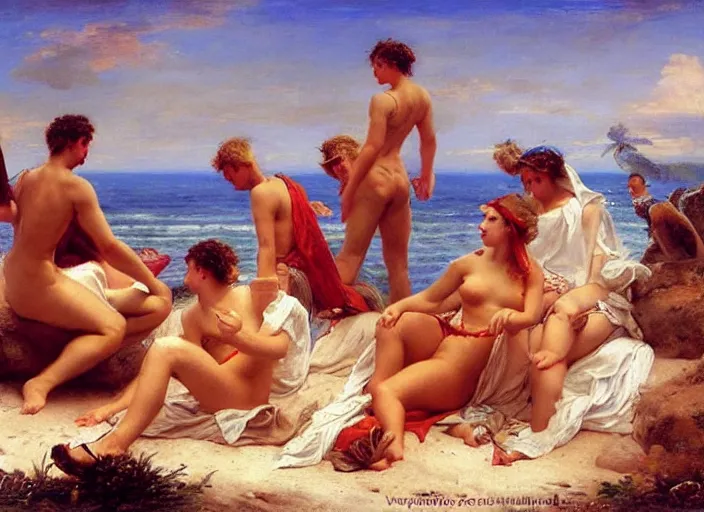 Image similar to the roman legion relaxing on the beach by vladimir volegov and alexander averin and pierre auguste cot and delphin enjolras