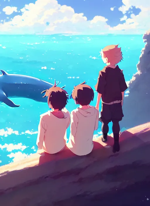 Image similar to boy and girl watching whales on sky, illustration concept art anime key visual trending pixiv fanbox by wlop and greg rutkowski and makoto shinkai and studio ghibli