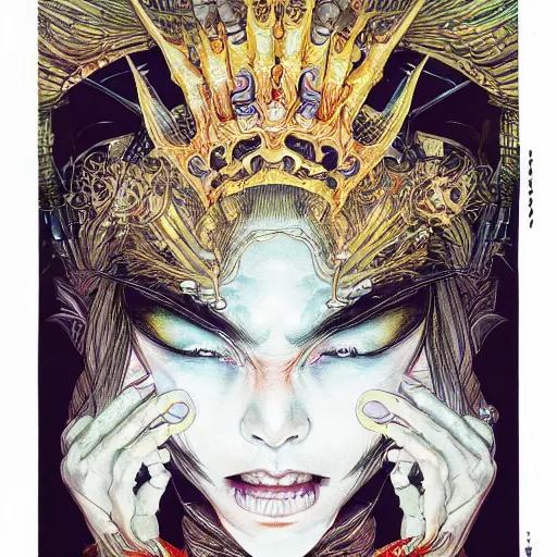 Prompt: portrait of crazy queen, symmetrical, by yoichi hatakenaka, masamune shirow, josan gonzales and dan mumford, ayami kojima, takato yamamoto, barclay shaw, karol bak, yukito kishiro