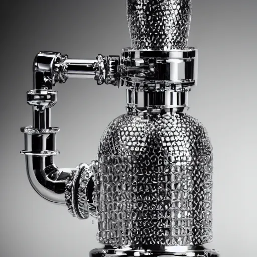 Image similar to studio photography of the world's most expensive bong, multiple and complex network of pipes, made of chrome, swarovski, detailed, ornaments, studio lighting